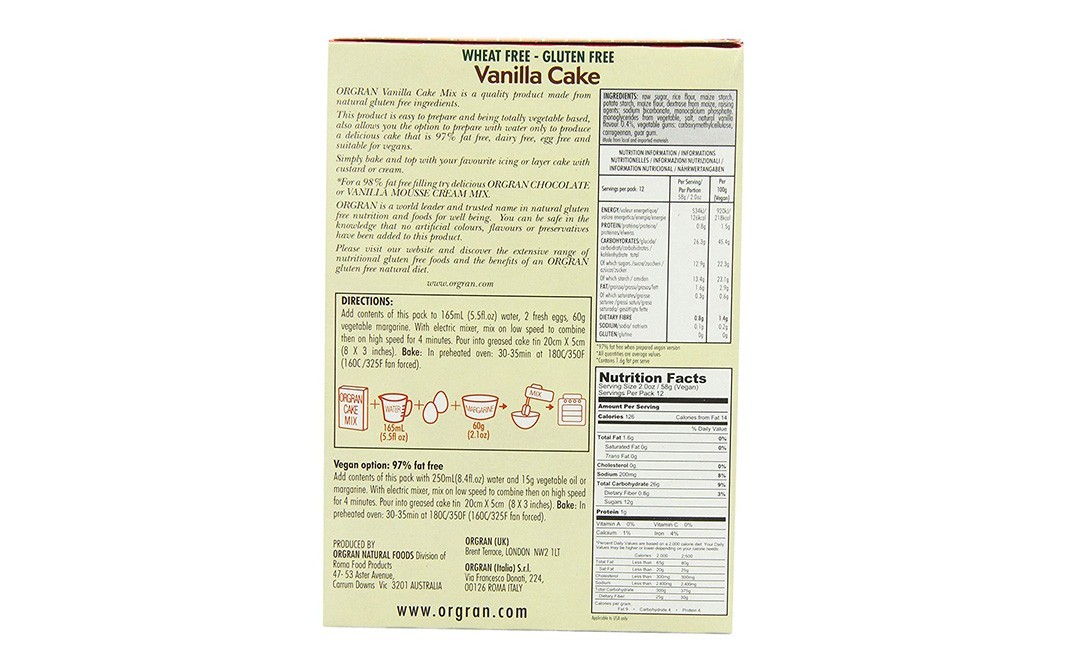 Orgran Gluten Free, Vanilla Cake Mix    Pack  375 grams